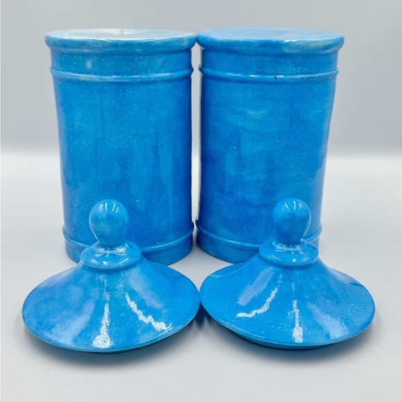 Studio Crafted Glazed Ceramic Speckled Blue Canisters Set of 2 - Picture 5 of 7